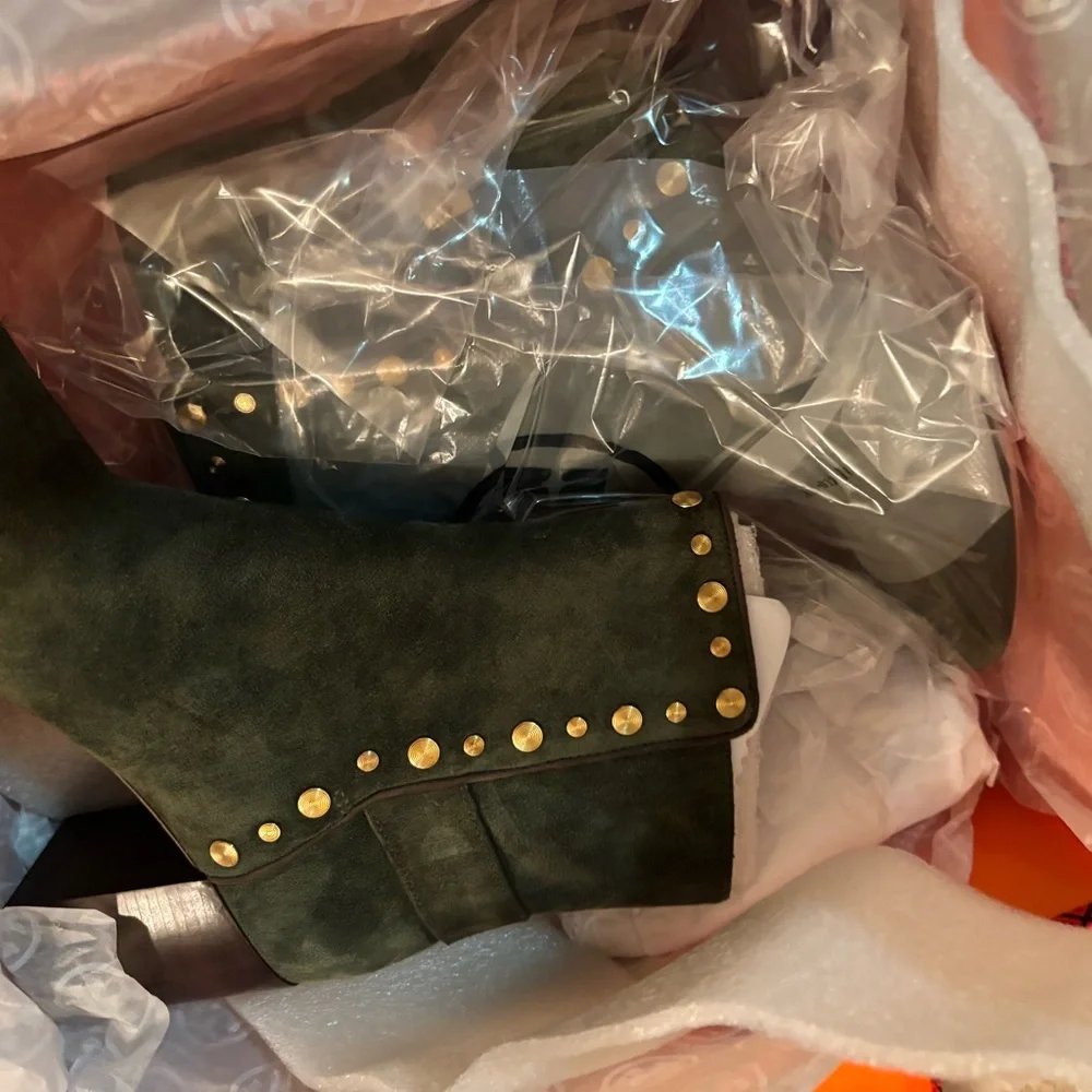 Tory Burch Dark Green Ankle Boots with Gold Studs - Picture 5 of 7